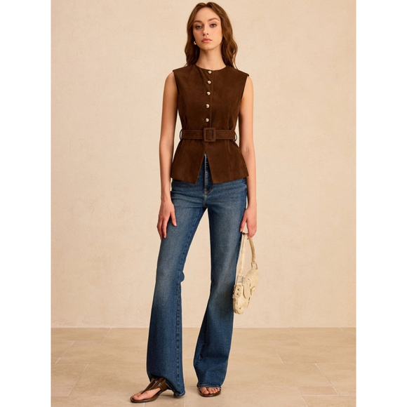 Commense Suede Effect Vest with Belt in Dark Brown - Picture 2 of 9